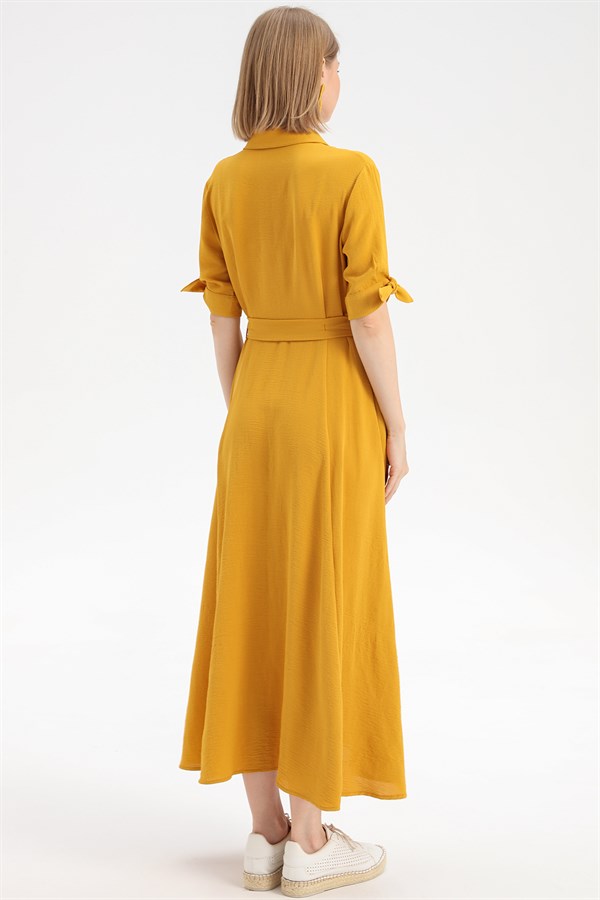 Elbise-Polo Yaka, Bel Kuşak Detaylı, Bağlamalı Manşetli