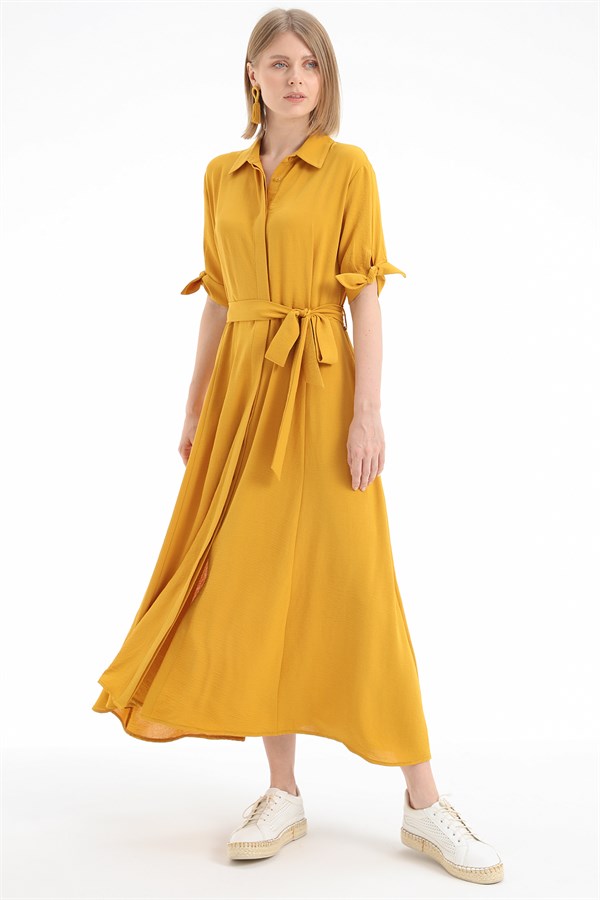 Elbise-Polo Yaka, Bel Kuşak Detaylı, Bağlamalı Manşetli