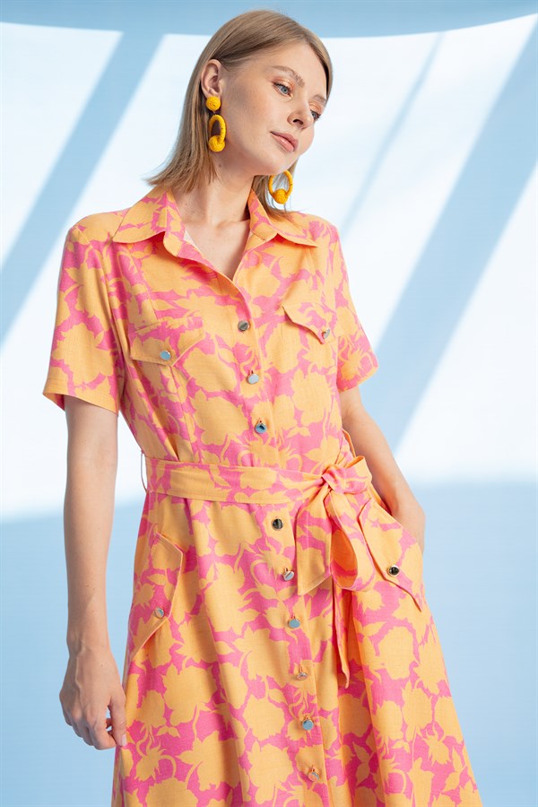 Elbise-Polo Yaka, Kapak Cep, Etek Alt Dilim Detaylı
