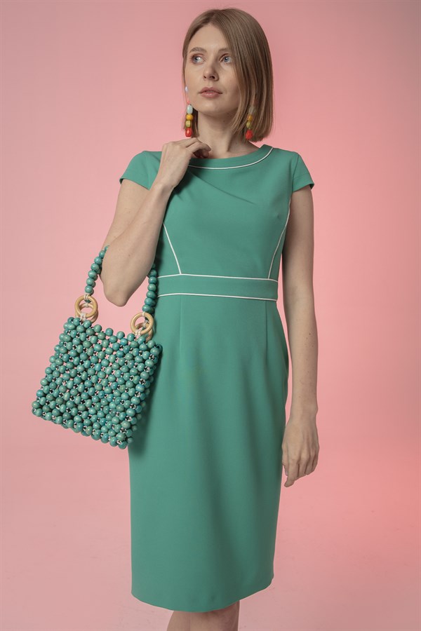 Elbise-Sıfır Yaka, Zıt Renk Ve Biye Kombinli, Kısa Kol Kalem